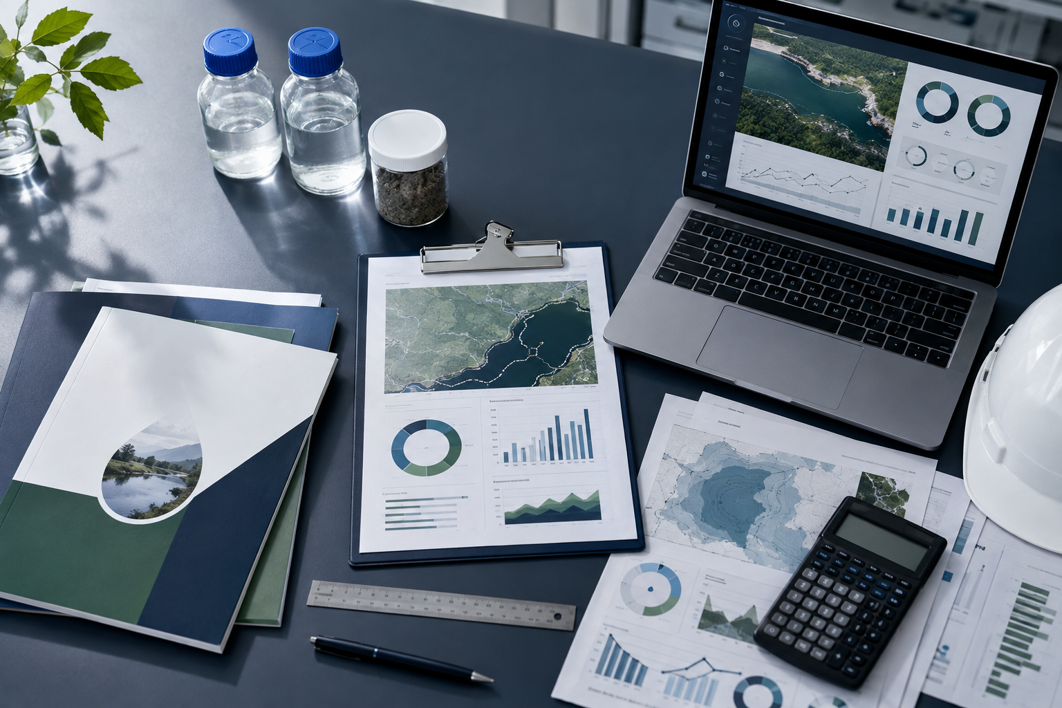 Documentos e análises técnicas ambientais sobre mesa de trabalho