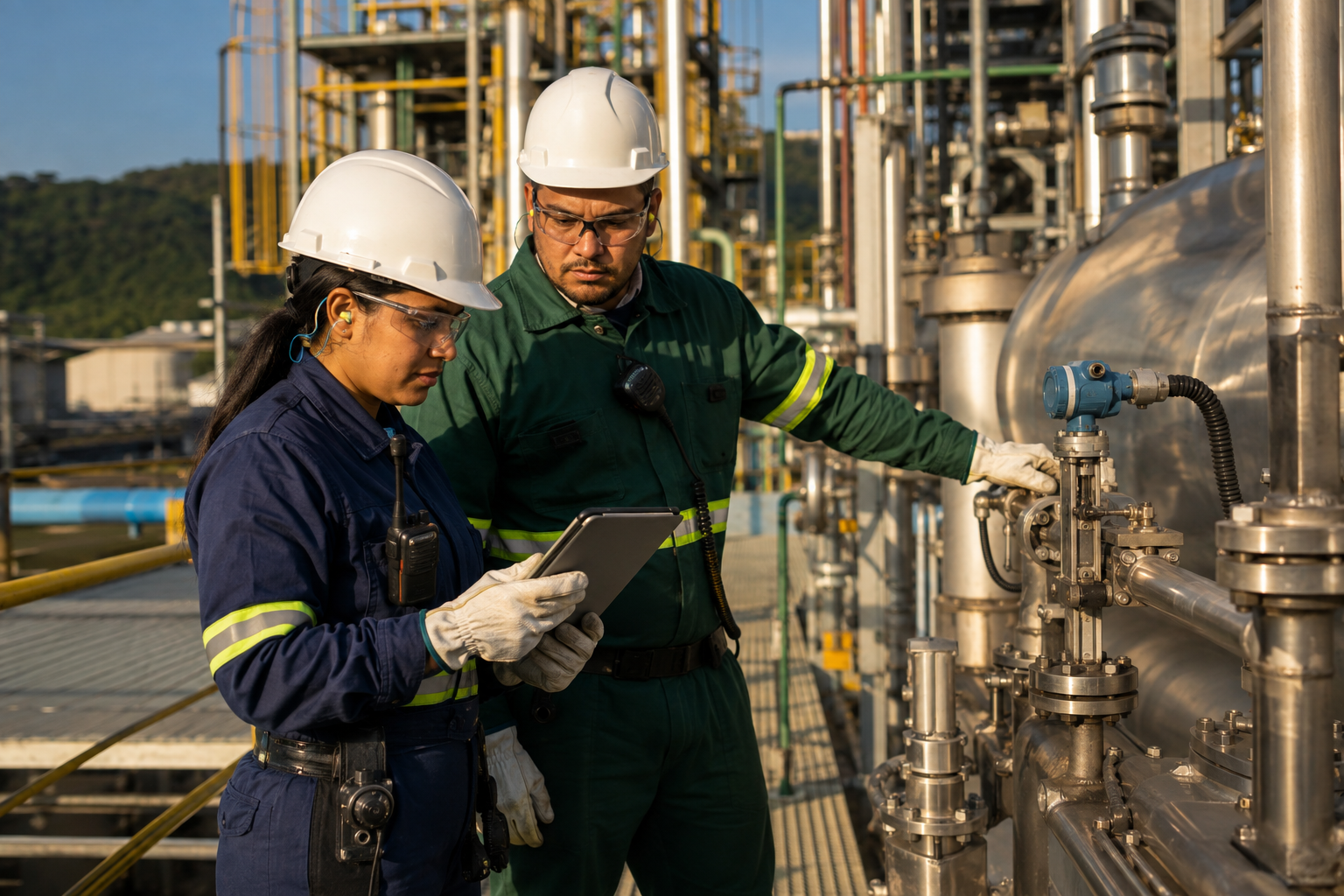 Profissionais utilizando equipamentos de proteção individual em atividade técnica